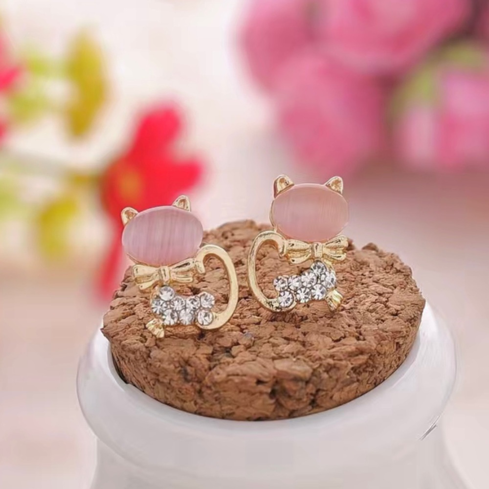 Cute Cat earrings  ~ Gold Cat Earrings ~ Pink stone earrings ~ in gift box